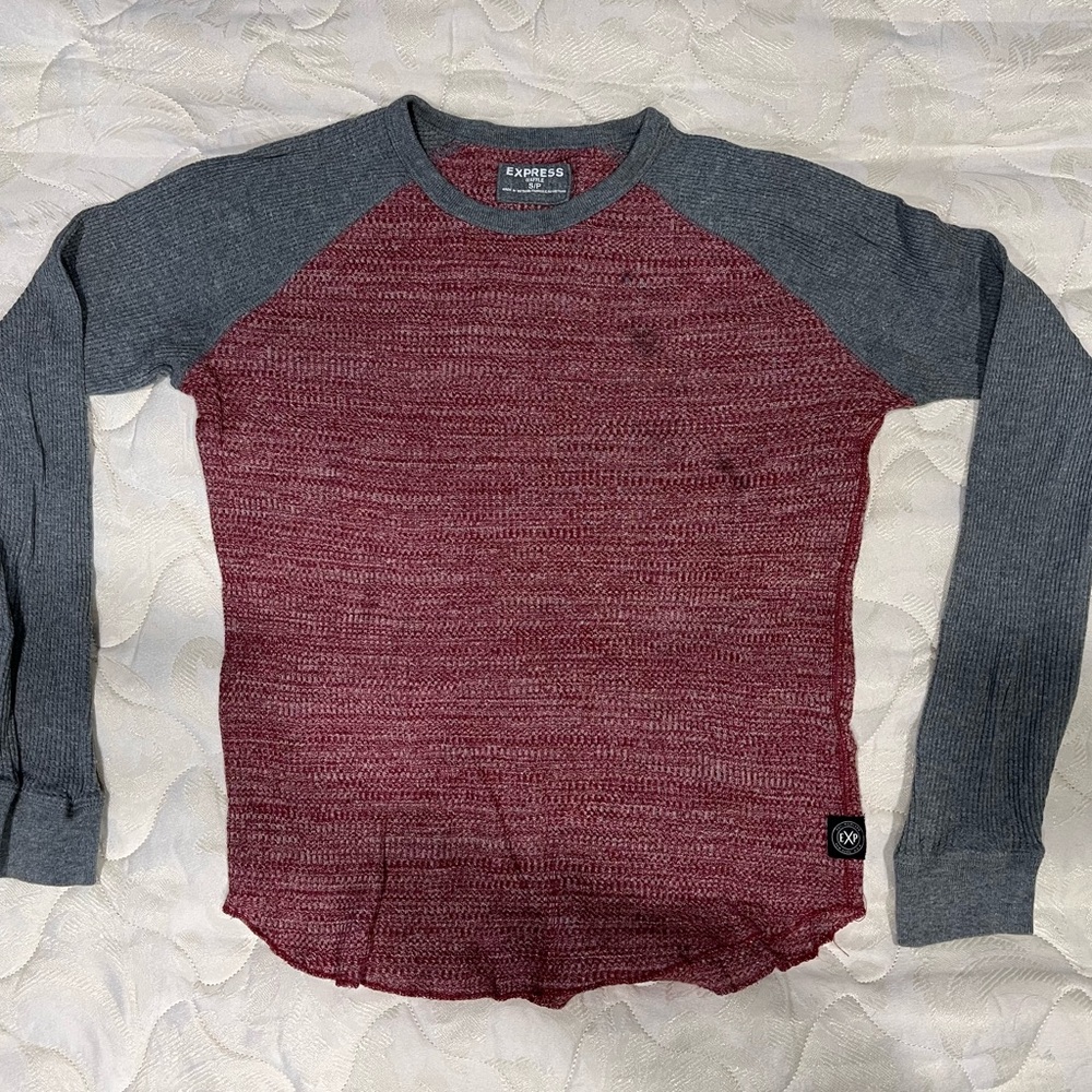 Express Men's Burgundy and Charcoal Long Sleeve Waffle Baseball Tee